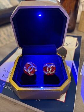 Designed  Chanel Red Crystal CC Logo Stud Earrings WITH CLEAR RHINESTONES